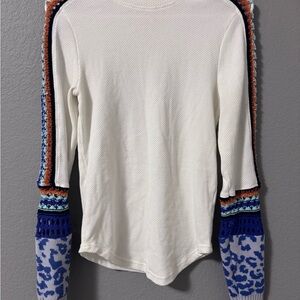 Free People White and Blue Bishop Sleeve Sweatshirt